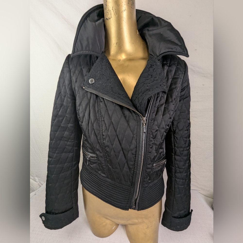 White House Black Market Black Quilted With Lace Women's Bomber Jacket Medium